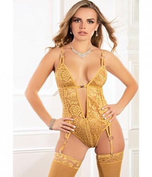 Open Front O-ring Garter Teddy and Stockings Summer Gold O/s, sold by Romantic Adventures.